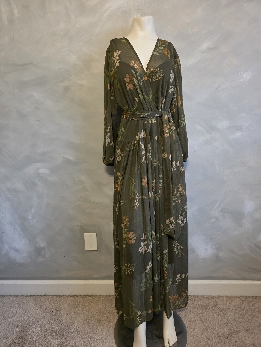 Calvin Klein Green Floral Print Faux Wrap Dress In Caper Multi Sz 10 Botanical